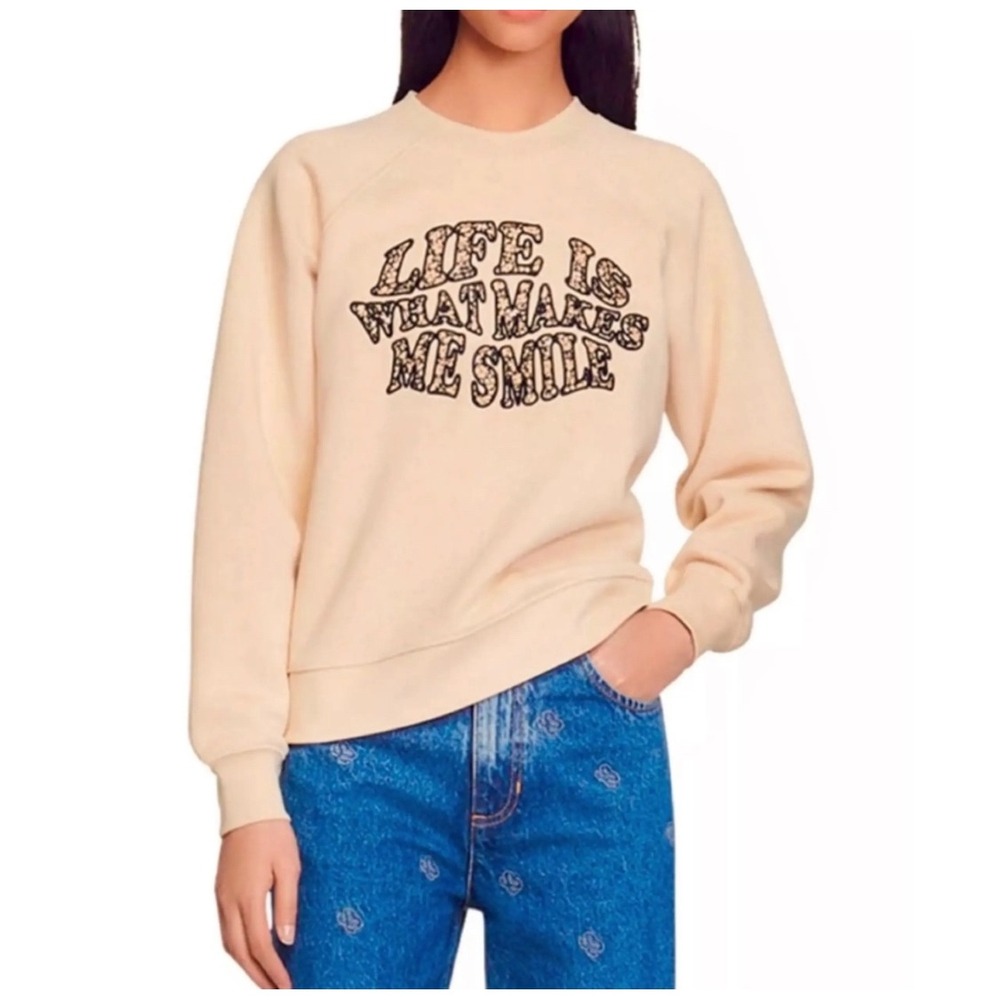 Sandro Paris Cream Graphic Sweatshirt Life Is What Makes Me Smile Floral Size 3